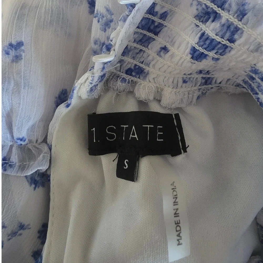 1.STATE Blue White Floral Smocked High Neck Tiered Ruffle Mini Dress Small - Picture 4 of 6